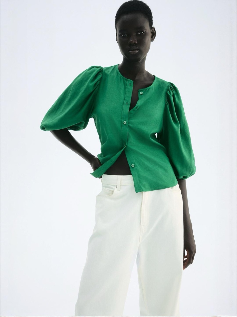 H&M linen blend Green Puff-Sleeve Button-Front Top vibrant statement casual chic